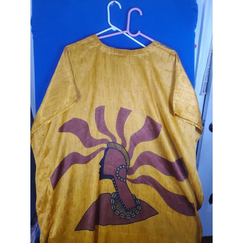 Vintage African Essence Kaftan Dress Womens One Size Yellow Afrocentric Graphic - Picture 14 of 14